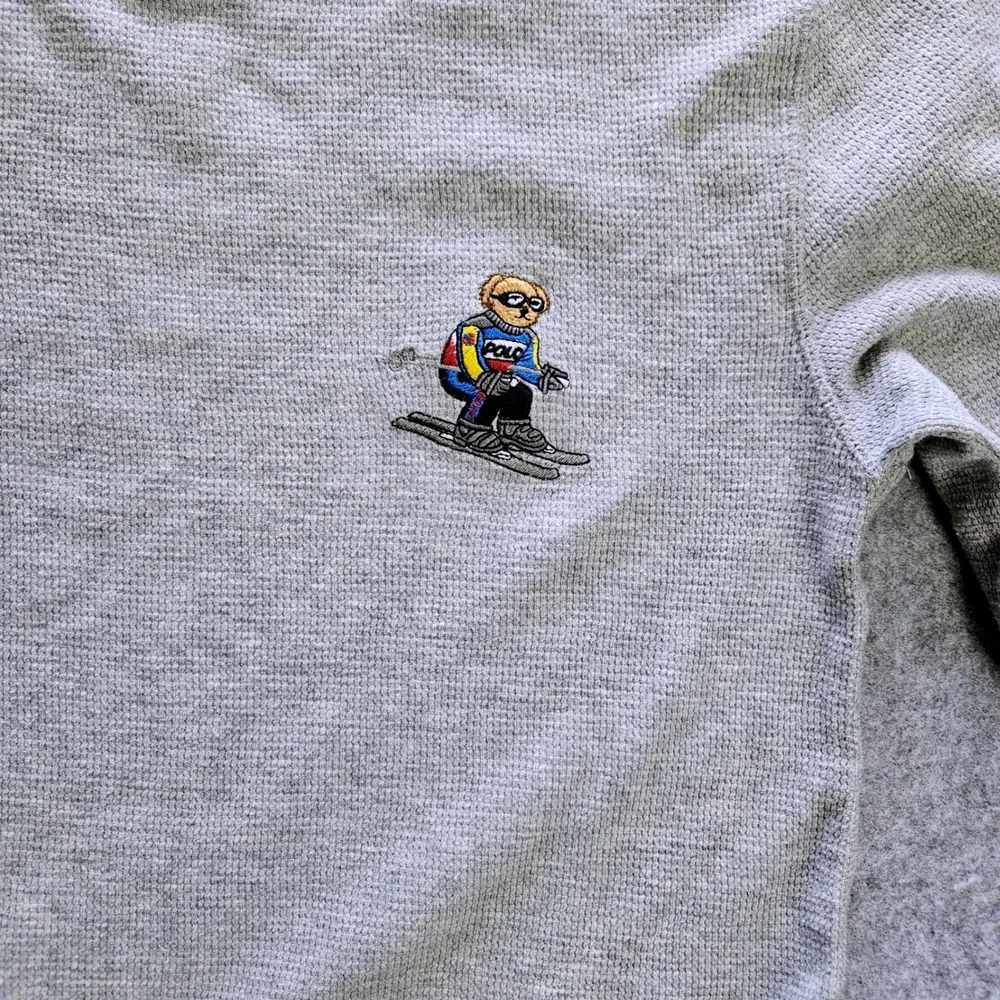 Polo Ralph Lauren Mens Gray Waffle Knit Skiing Polo Bear Thermal Shirt Size M